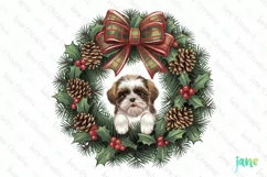 Shih Tzu Puppy Christmas Wreath Clipart Product Image 1