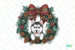 Siberian Husky Puppy Christmas Wreath Clipart Product Image 1