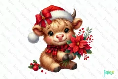 Christmas Highland Cow And Poinsettia Clipart Product Image 1