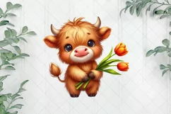 Cute Highland Cow And Tulip Flower Clipart Product Image 1