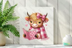 Pink Valentine Highland Cow Reading Book Clipart Product Image 2