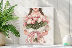 Pink Chinoiserie Spring Tulips Girl and Bouquet Clipart Product Image 2