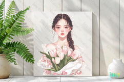 Pink Chinoiserie Spring Tulips Girl and Bouquet Clipart Product Image 2