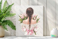 Pink Chinoiserie Spring Tulips Girl and Bouquet Clipart Product Image 2