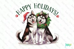 Happy Holidays Husky Sibir Dog Wreath Clipart Product Image 1