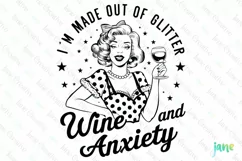 Wine And Anxiety Vintage Girl Quotes Clipart Product Image 1
