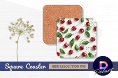 Ripe cherries and green leaves Square Coaster PNG Product Image 1