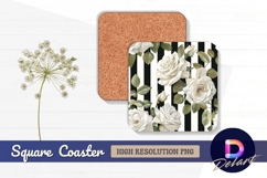 White roses on black and white striped Square Coaster PNG Product Image 1