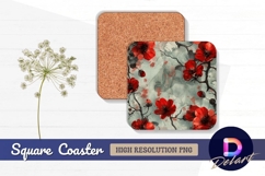 Red flowers on a gray grunge Square Coaster PNG Product Image 1