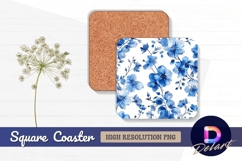 Watercolor blue floral pattern background Square Coaster PNG Product Image 1