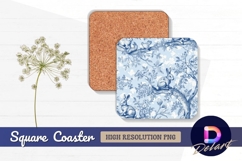 Blue toile pattern bunnies and blossoms Square Coaster PNG Product Image 1