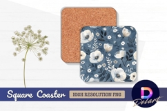 White floral pattern blue Square Coaster PNG Product Image 1