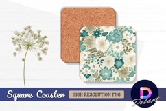 Floral teal white beige Square Coaster PNG Product Image 1