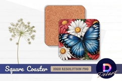 Blue butterfly on red and white flowers Square Coaster PNG Product Image 1