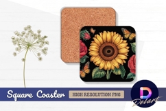 Sunflower roses and butterflies black Square Coaster PNG Product Image 1