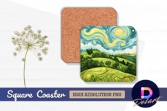 Stylized landscape with swirling sky Square Coaster PNG Product Image 1