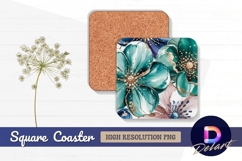 Teal flowers square coaster png watercolor style Product Image 1
