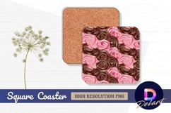 Pink roses and chocolate swirls pattern Square Coaster PNG Product Image 1