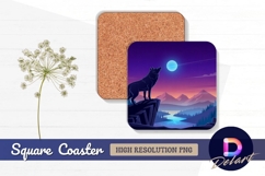 Wolf howling at moon landscape Square Coaster PNG Product Image 1