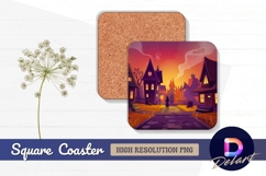 Spooky halloween village with witches and Square Coaster PNG Product Image 1