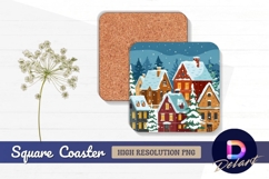 Snowy town houses winter vector Square Coaster PNG Product Image 1