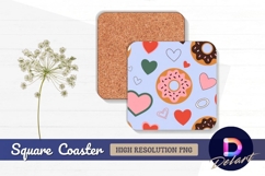 Donut and heart pattern on blue Square Coaster PNG Product Image 1