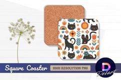 Retro cats and flowers pattern design Square Coaster PNG Product Image 1