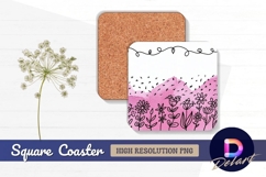 Pink watercolor flowers with black Square Coaster PNG Product Image 1