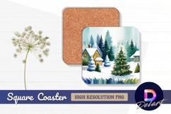 Watercolor christmas village landscape square coaster png Product Image 1