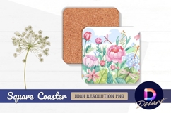 Watercolor floral garden with dragonflies Square Coaster PNG Product Image 1