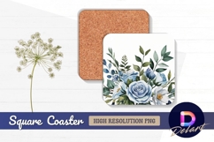 Watercolor blue roses with greenery Square Coaster PNG Product Image 1