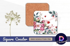 Watercolor flowers and hearts square coaster png Product Image 1