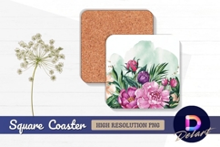 Watercolor flowers with green Square Coaster PNG Product Image 1