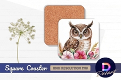 Watercolor owl portrait surrounded Square Coaster PNG Product Image 1