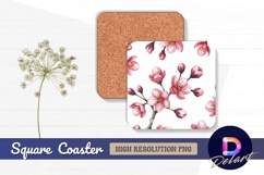 Watercolor cherry blossom pattern on Square Coaster PNG Product Image 1