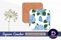 Blue hydrangea and butterfly floral Square Coaster PNG Product Image 1