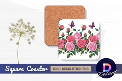 Pink roses and butterflies watercolor Square Coaster PNG Product Image 1