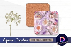 Delicate pink tea party still life Square Coaster PNG Design Product Image 1