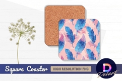 Blue feathers on pink watercolor Square Coaster PNG Design Product Image 1