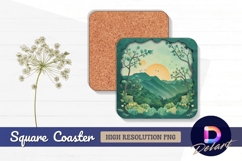 Serene mountain landscape sunrise Square Coaster PNG Design Product Image 1