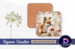 Fox with fungi and floral Square Coaster PNG Design Product Image 1