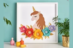 Unicorn & Paper Flowers Framed Paper Art SVG Template Product Image 1