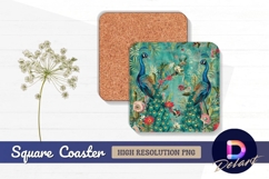 Elegant peacocks amidst lush floral Square Coaster PNG Desig Product Image 1