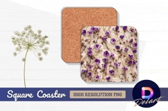 Purple flowers and twigs on beige Square Coaster PNG Design Product Image 1