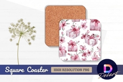 Watercolor gifts and pink flowers Square Coaster PNG Design Product Image 1