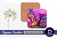 Cartoon town pink trees square coaster png Product Image 1