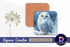 Snowy owl portrait winter scene Square Coaster PNG Product Image 1