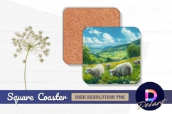 Sheep grazing serene landscape Square Coaster PNG Product Image 1