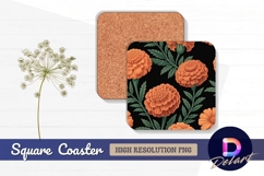 Marigold flower pattern on black Square Coaster PNG Product Image 1
