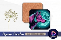 Neon wolf with full moon square coaster Square Coaster PNG Product Image 1